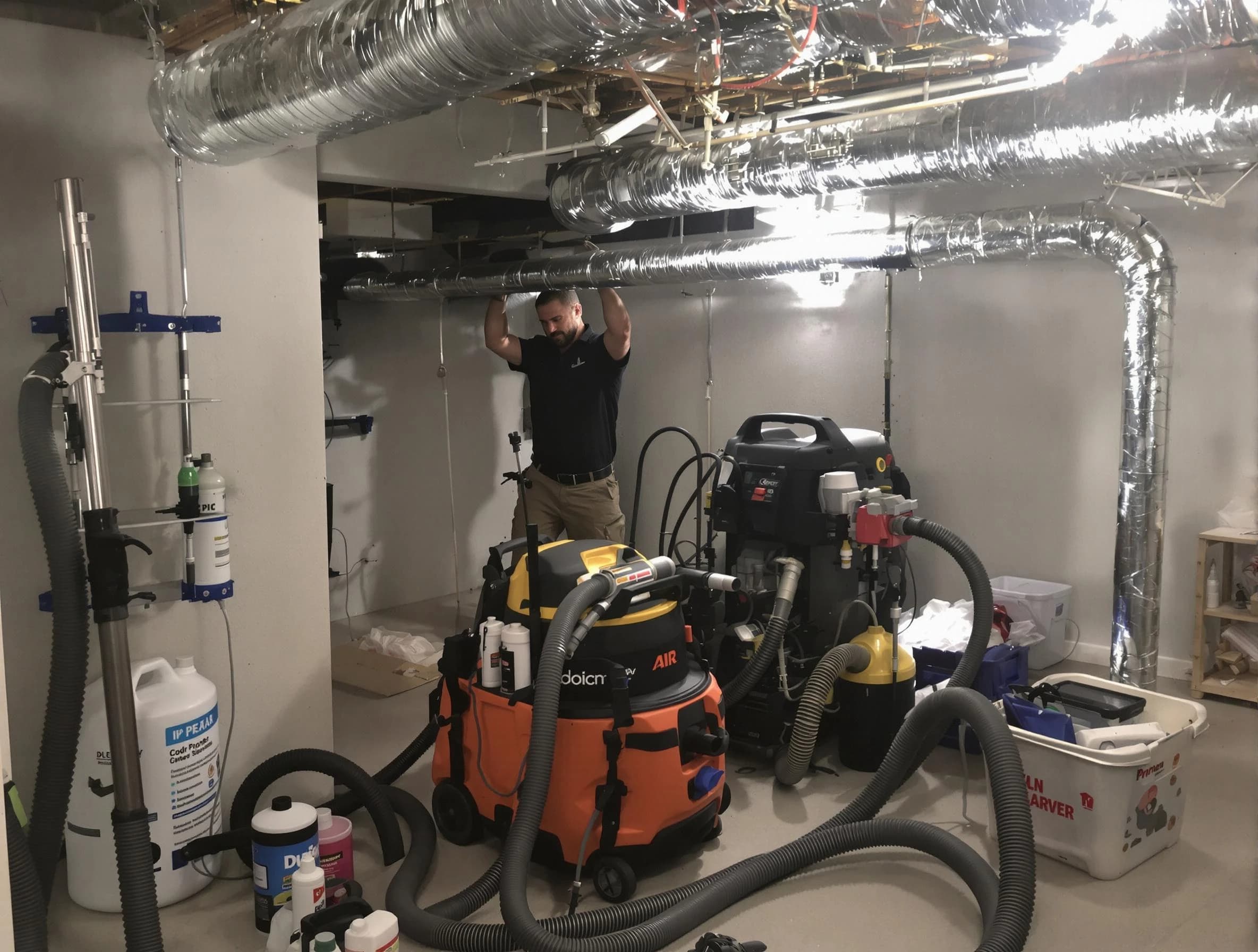 El Monte Air Duct Cleaning specialist performing professional mold removal from air ducts using safety equipment in El Monte